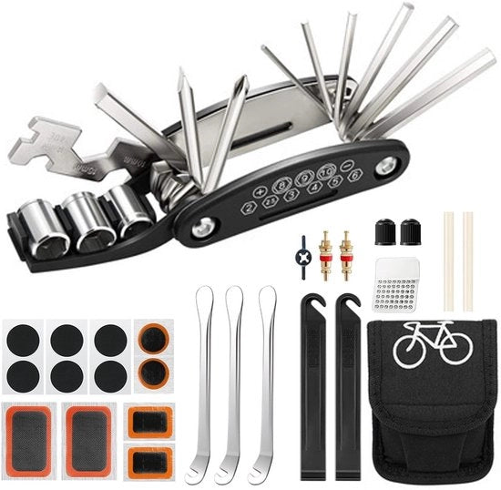 Kit di riparazione bicicletta 16-in-1 - Multifunzione - Pratico e compatto - Nero - Attrezzatura bicicletta - Per riparazioni rapide - Con tasca di stoccaggio