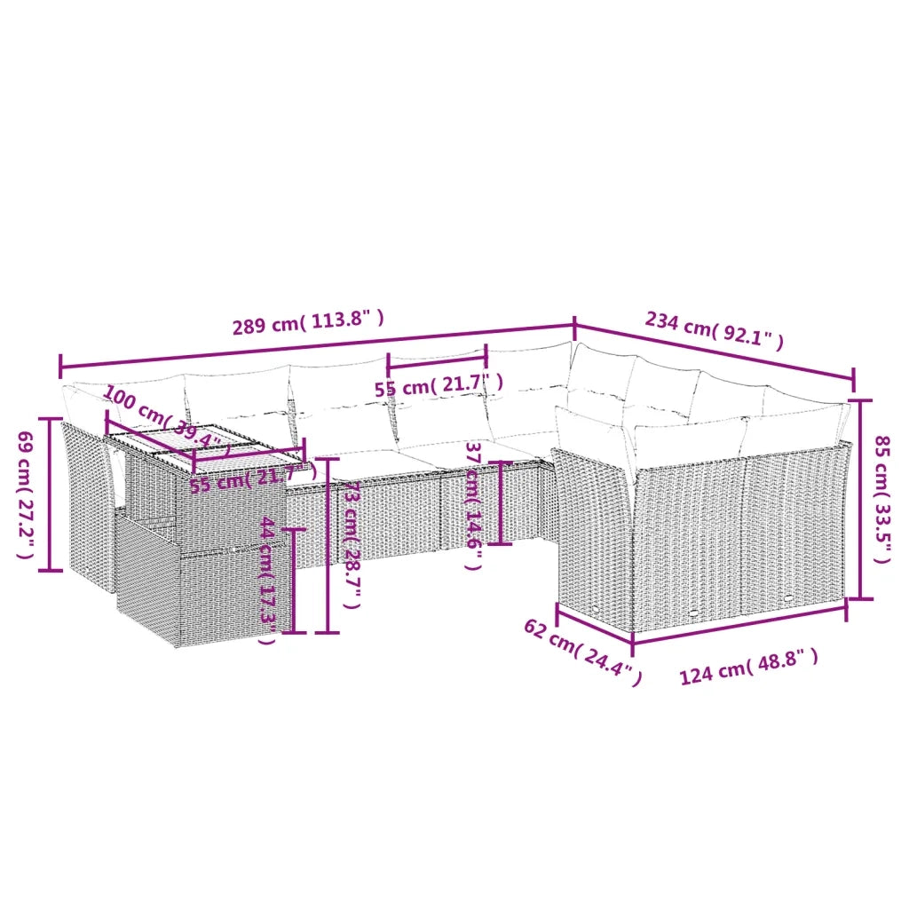 Set Divani da Giardino 10pz con Cuscini in Polyrattan Nero