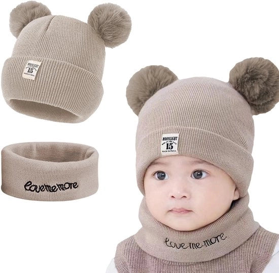 Set di sciarpe per bambini - Inverno - Cappello con pompon - Cotone soffice - Tela elastica - Protezione dal vento - Cappello per bambini