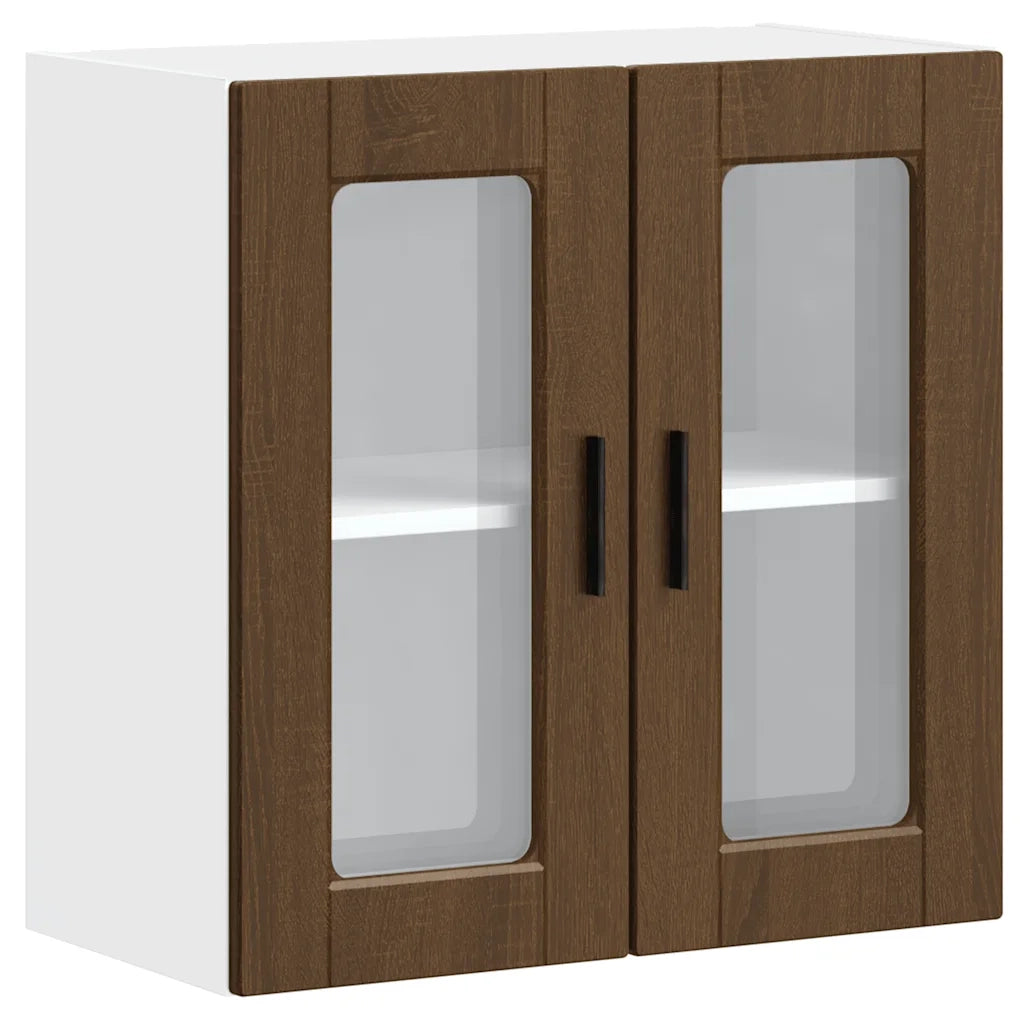 Pensile da Cucina con Porta in Vetro-Mobile Cucina da Parete Porto Rovere Marrone 700823