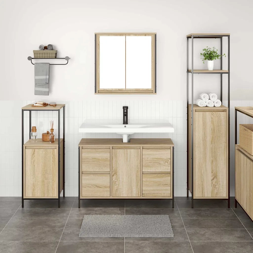 Set di mobili per il Bagno | Armadio da bagno con porta 3 pz Rovere Sonoma e Nero