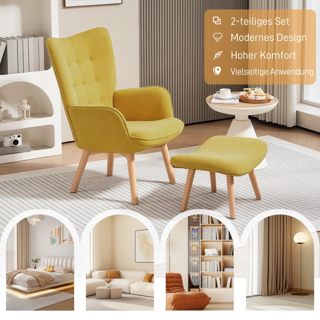 Poltrona relax con poggiapiedi ¨C Xylo ¨C tessuto effetto velluto a coste, gambe in legno, arancione