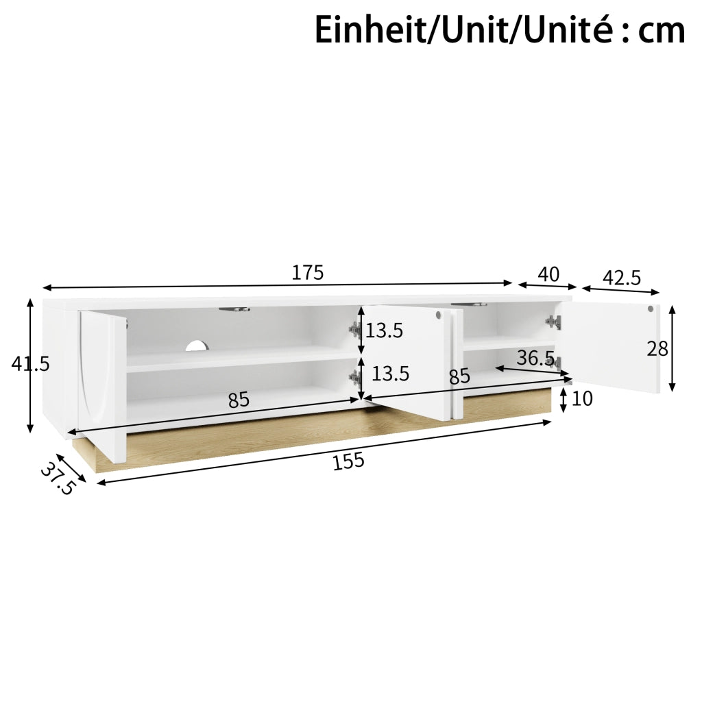 Cassettiera per TV bianca in MDF lunghezza 175 cm