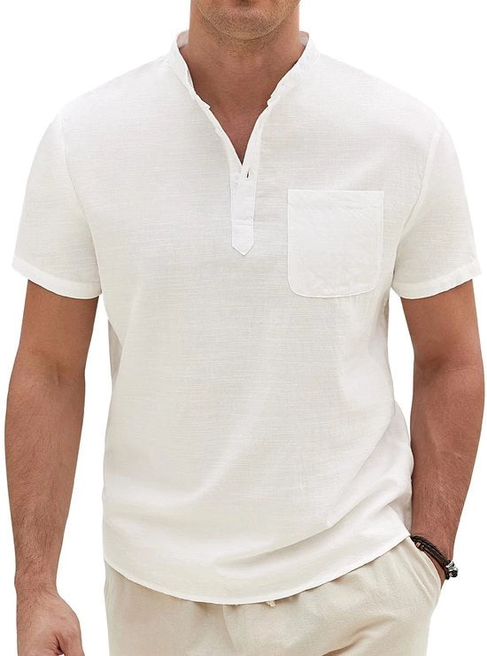 Camicia da uomo in lino con maniche corte - Maglia Henley - Abbigliamento per tempo libero - Camicia leggera - Tessuto respirante