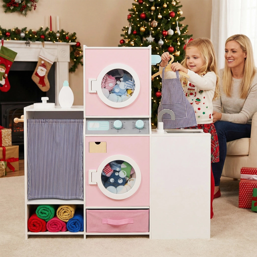 Set gioco lavanderia in legno per bambini con lavatrice giocattolo e ferro da stiro, Accessori per giochi di ruolo con grucce e cassetto in tessuto