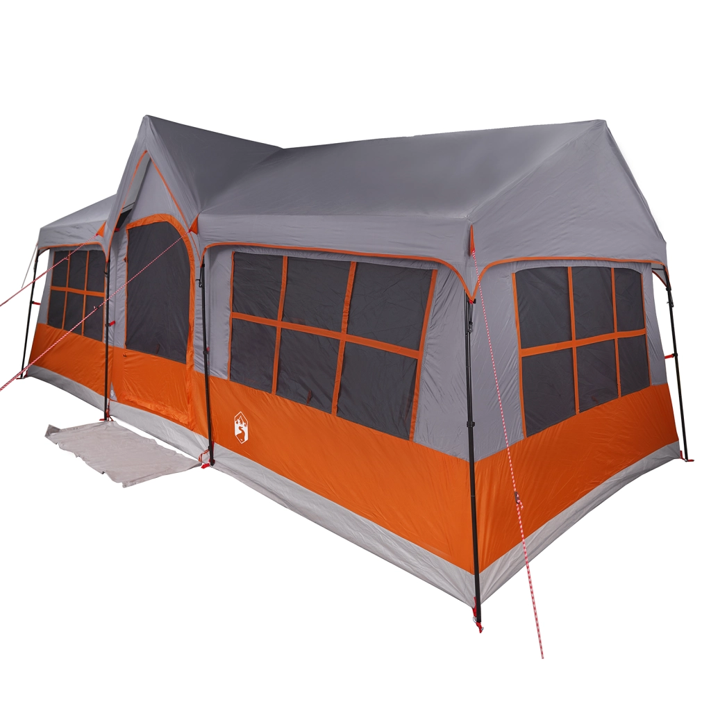 Tenda da campeggio impermeabile per 12 persone con finestre grigia e arancione.