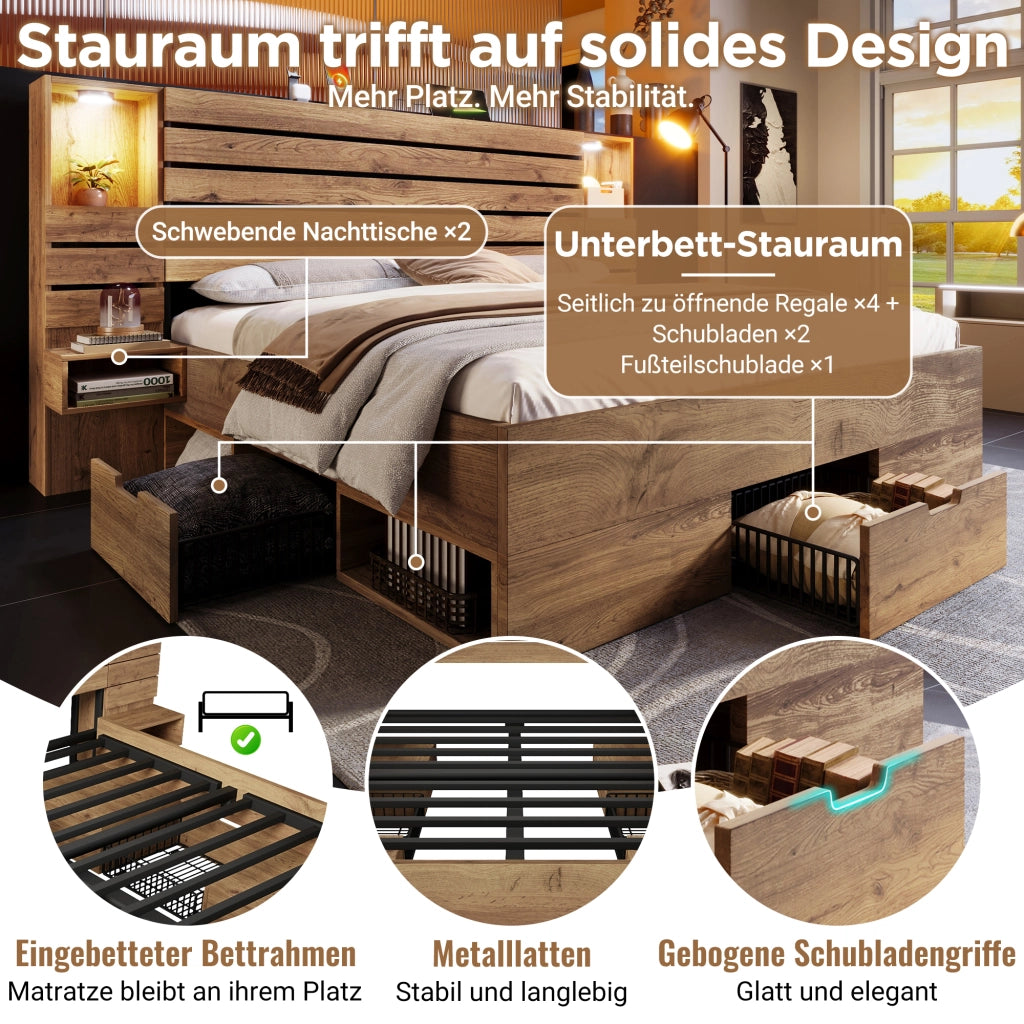 Letto legno 180x200 LED USB Type-C vano cassetti rovere