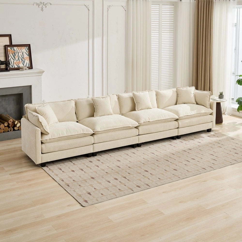 Divano 4 Posti con Penisola ¨C Xylo ¨C Tessuto Chenille Beige, Cuscini Imbottiti