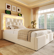 Letto singolo 90x200 cm con contenitore; LED e porta USB C; velluto beige