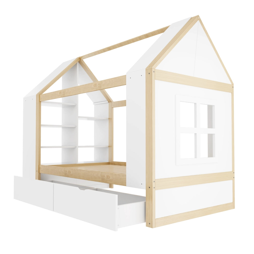 Letto Casetta Letto Singolo 90x200 cm con 2 Cassetti; LED e Spazio Contenitore