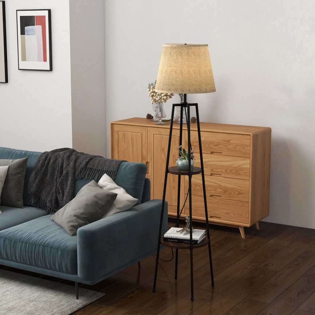 Lampada da Terra a 2 Ripiani ¨C Minimal ¨C Nero Marrone 42x166 cm