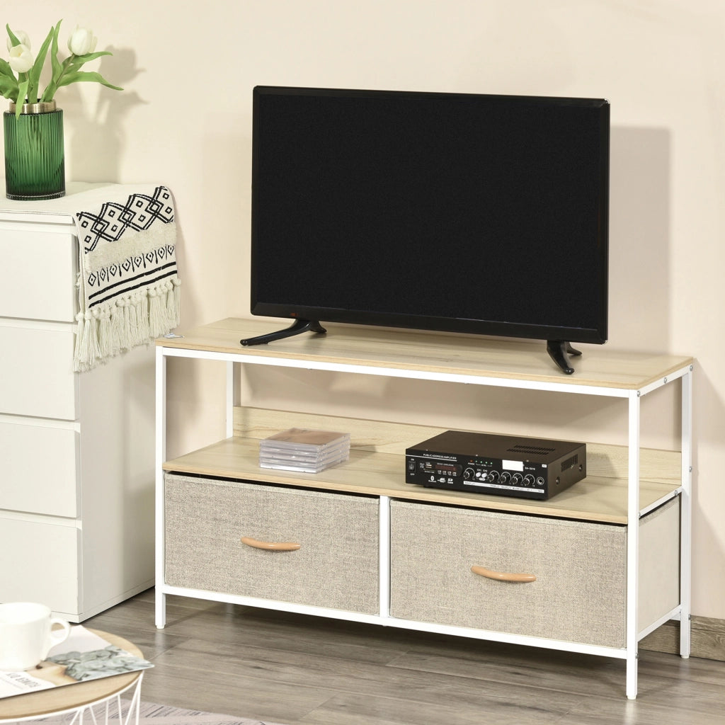 Mobile TV su Ruote con Cassetti ¨C Minimal ¨C Grigio Legno Naturale Metallo Bianco 120x30x46