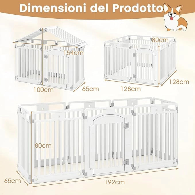 Pannello in Plastica per Cani a 8 Pannelli, Recinzione Portatile per Animali Domestici, Cancello Pieghevole con Porta di Sicurezza con Serratura per Cani, Recinto Pieghevole, 192 x 65 x 80 cm