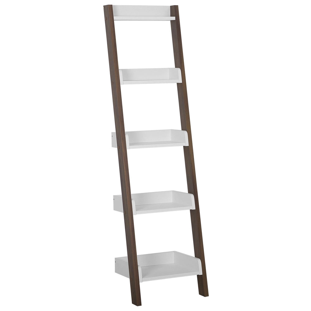 Libreria a 4 ripiani in legno scuro con espositore per libri bianco
