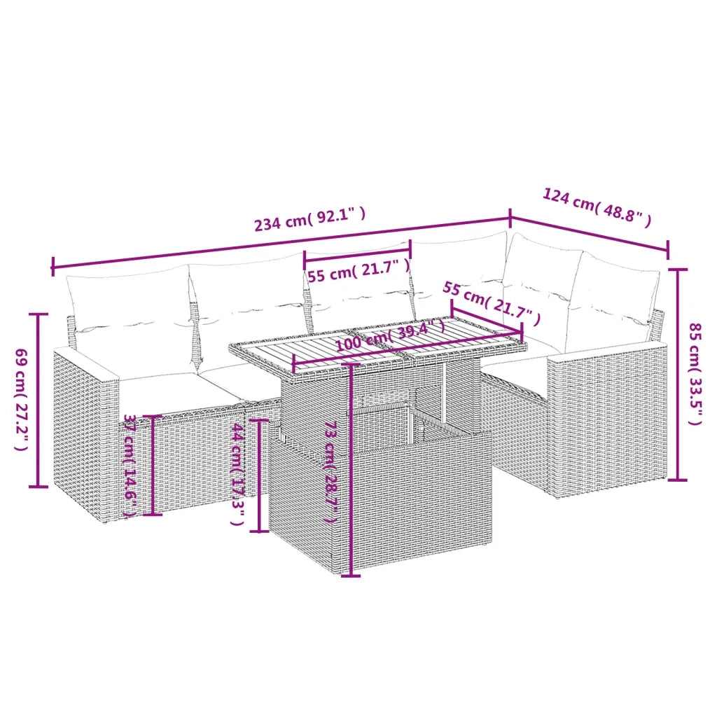 Set Divano da Giardino 6 pz con Cuscini Nero in Polyrattan 3273065