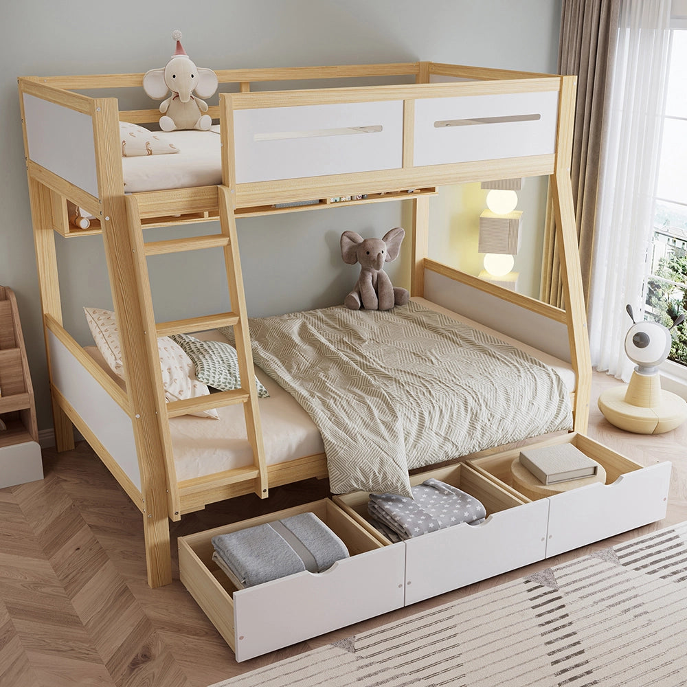 Letto a castello-Xylo-90x200+120x200cm, 3 cassetti, libreria 2m