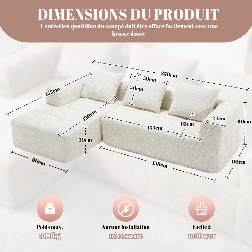 Divano Angolare 3 Posti con Chaise Longue ¨C MINIMAL ¨C Chenille Beige, Cuscini, Braccioli