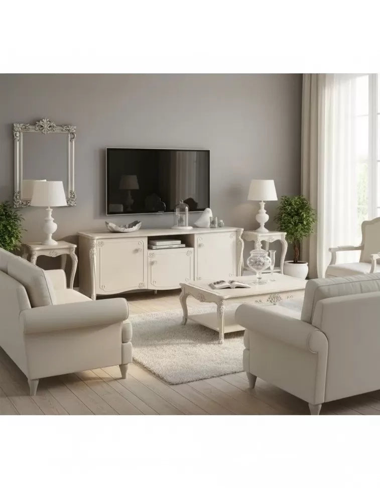 Porta tv in legno 3 ante shabby chic rilievo bianco opaco 172x57x69 - Mobili 2G