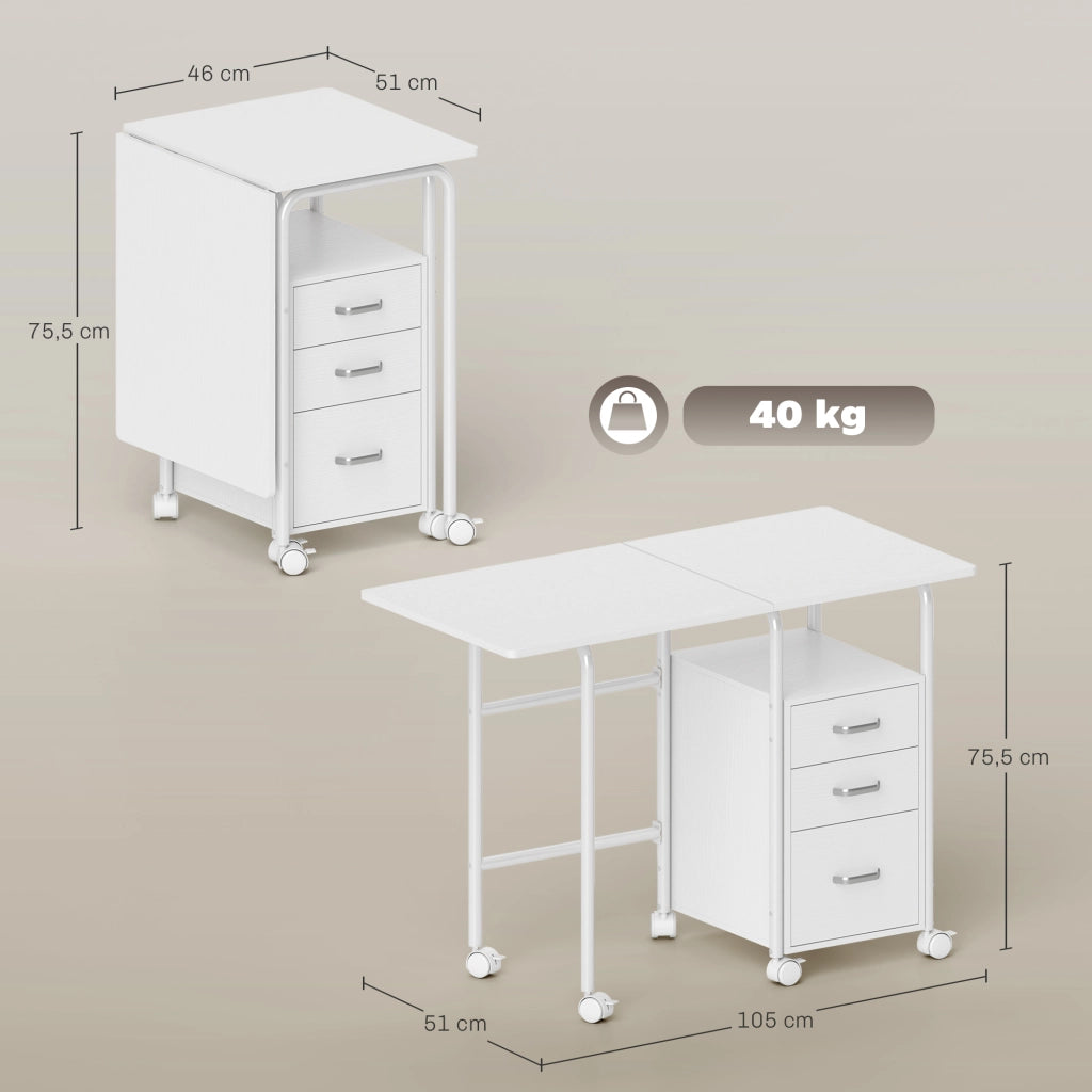 Scrivania per computer con cassetti e ripiano estensibile ¨C zephmum ¨C 105x51x75.5cm, bianco