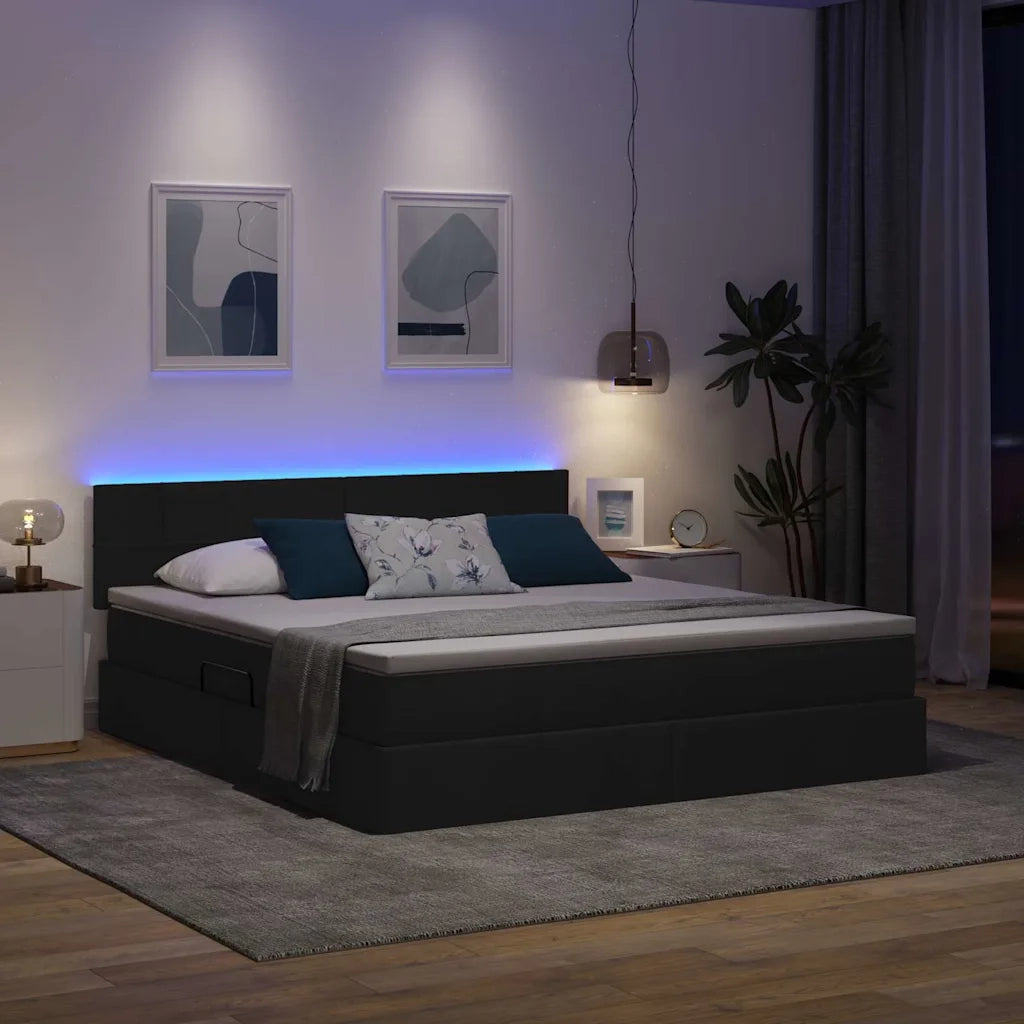 Letto con contenitore e LED con led Nero 160 x 200 cm Tessuto