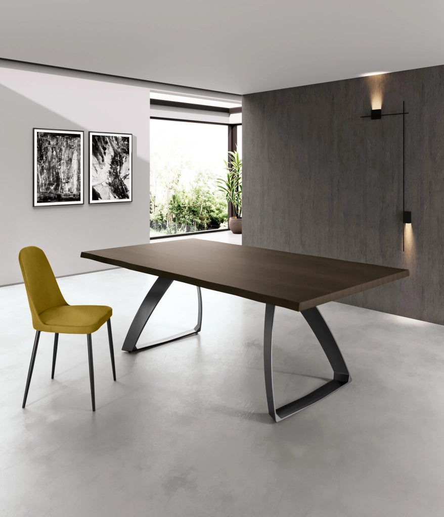 Tavolo da pranzo fisso Bridge 160x90 cm, piano in legno impiallacciato rovere termocotto e gambe in metallo verniciato nero - Linea Bridge
