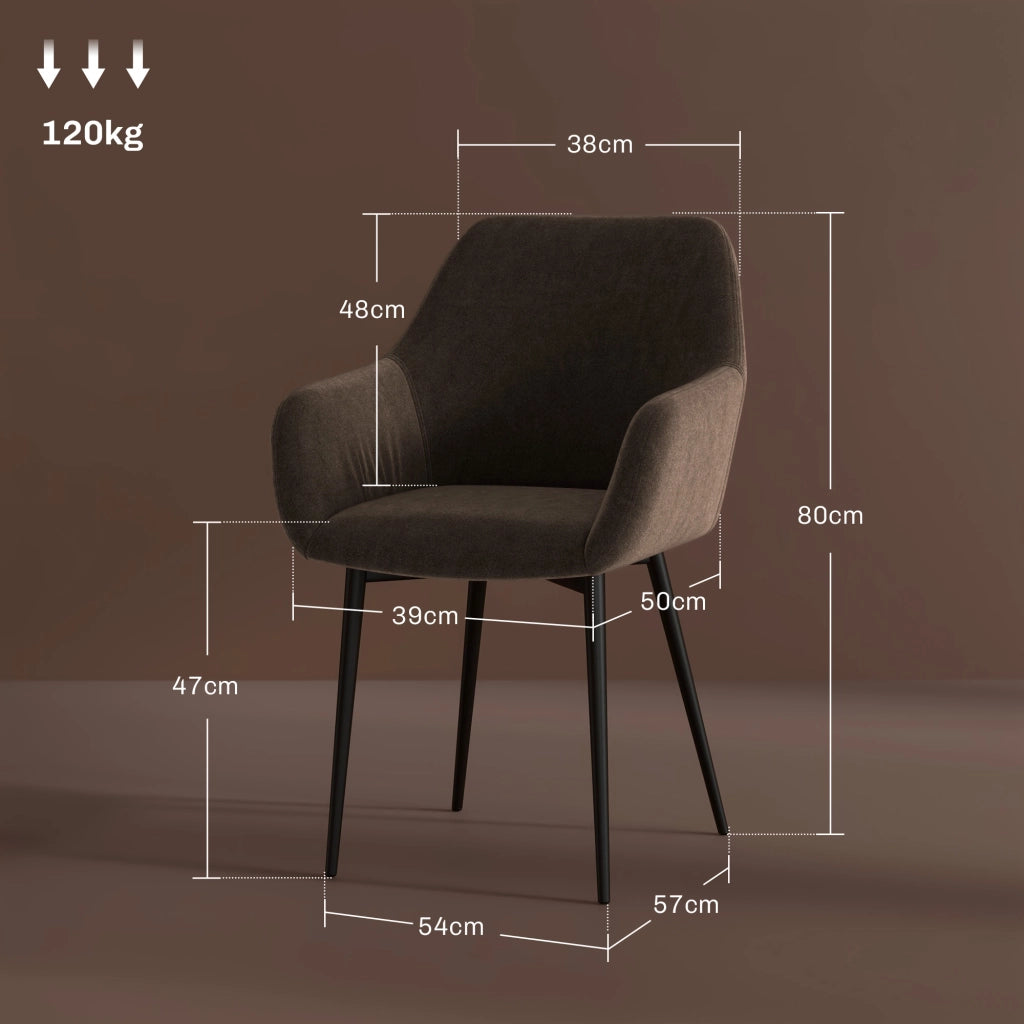 Set 2 Sedie da Pranzo Imbottite con Braccioli in Tessuto Effetto Velluto ¨C Minimal ¨C Marrone 54x57x80 cm
