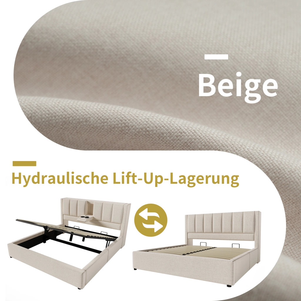 LETTO Contenitore 140x200 cm in lino beige con portabicchieri e USB