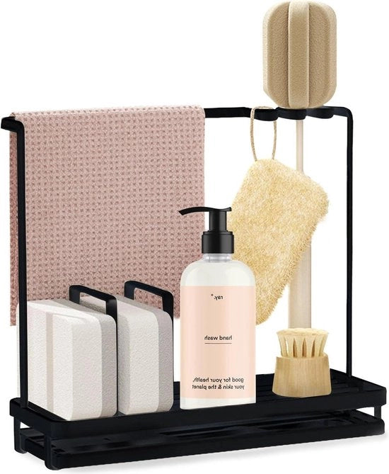 Organizzatore della vasca da bagno con contenitore di raccolta in acciaio inossidabile e supporto per spugna - supporto per spugna per lavastoviglie magnetico nero