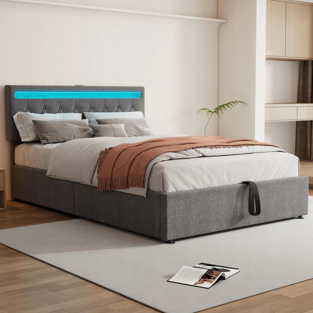 Letto 140x200 con LED e USB - Xylo - Idraulico, Grigio