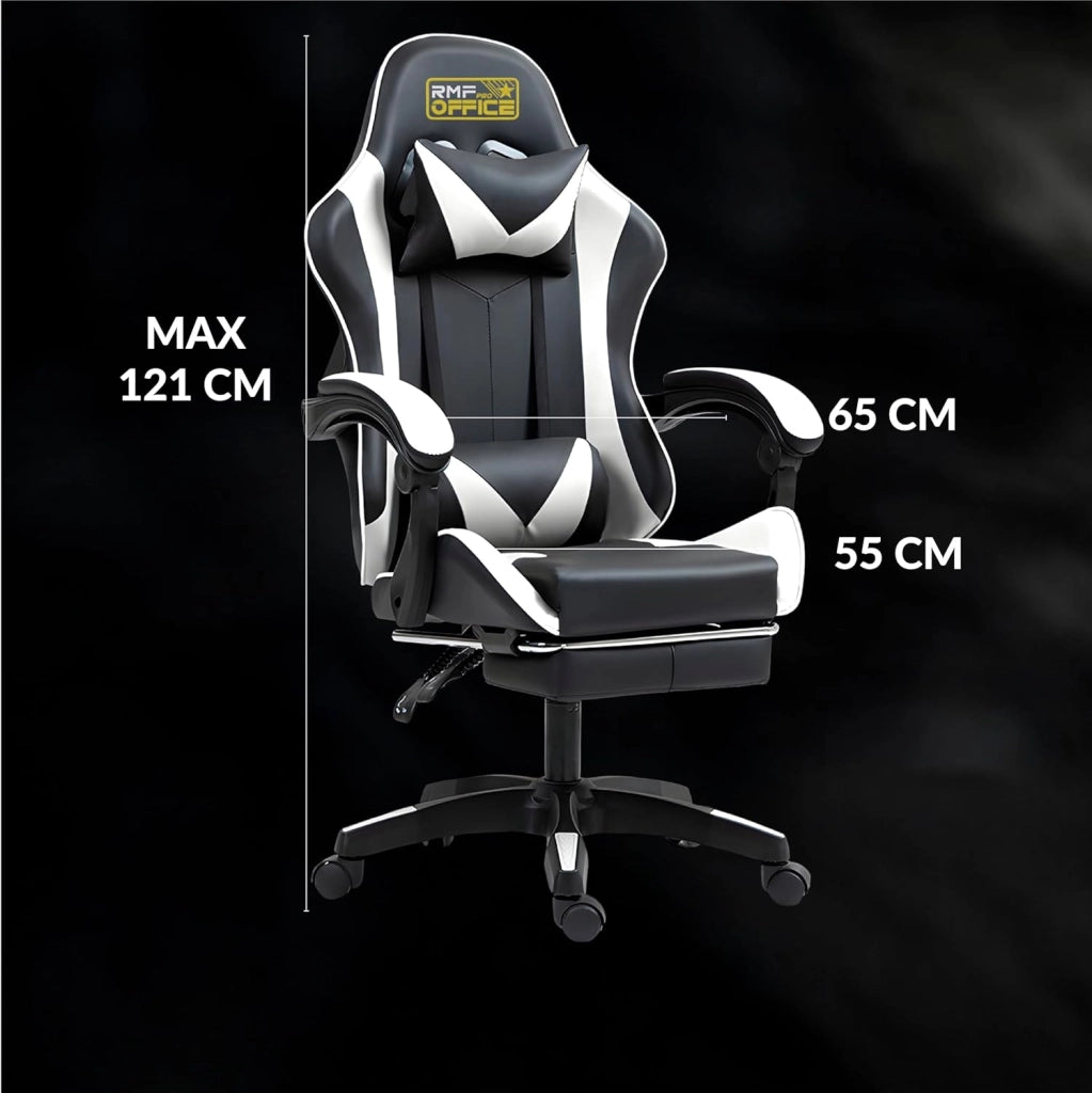 RMF Sedia Gaming Professionale Ergonomica Reclinabile, Poltrona Gaming Seduta Comoda e Rilassante con Poggiapiedi - Sedia per Gamer con Ruote Girevoli, Altezza Regolabile (Bianca-Nero)