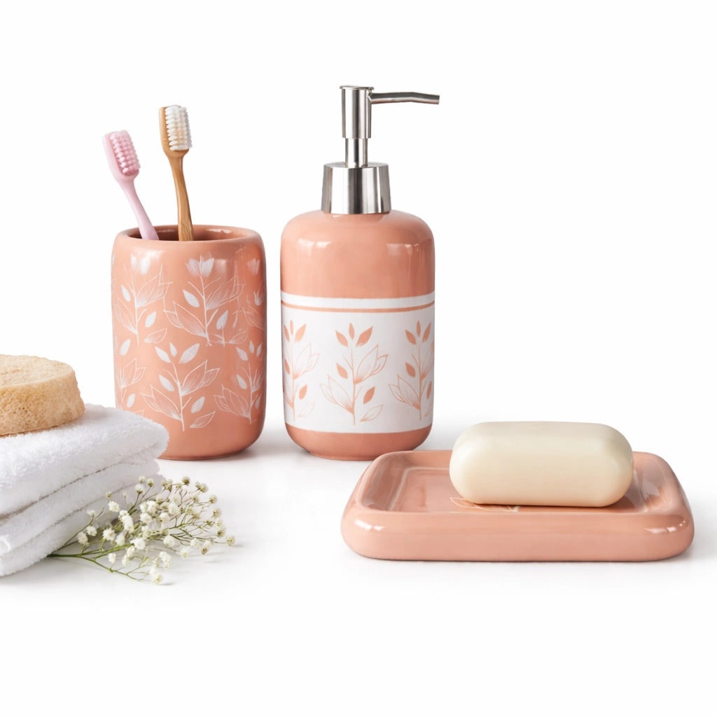 Set Accessori Bagno Ceramica 3 Pezzi Dispenser Sapone Portaspazzolini Rosa