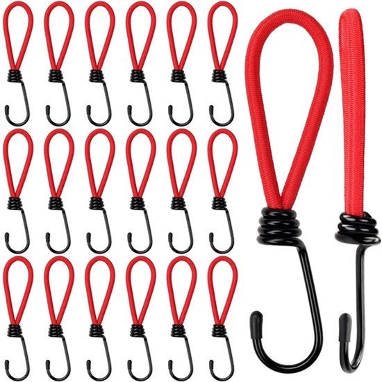 Cordone elastico bungee per tende e campeggio - Rimoscibile - Rosso - Attacchi metallici - Qualità robusta - 15cm - 20 pezzi - Adatto per telo di tenda
