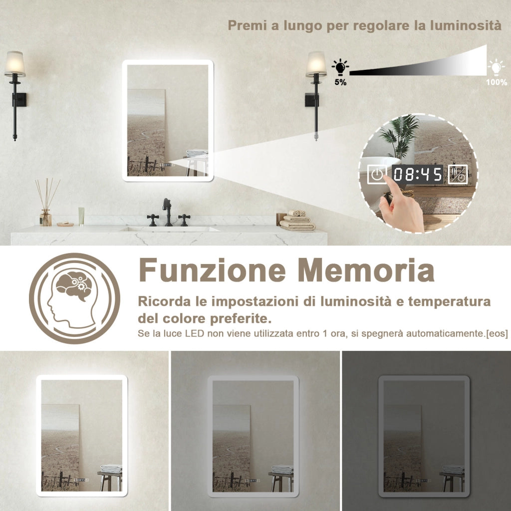 Specchio bagno Rettangolare 60x80cm Led Con 3 Luci + Orologio + Antiappannamento