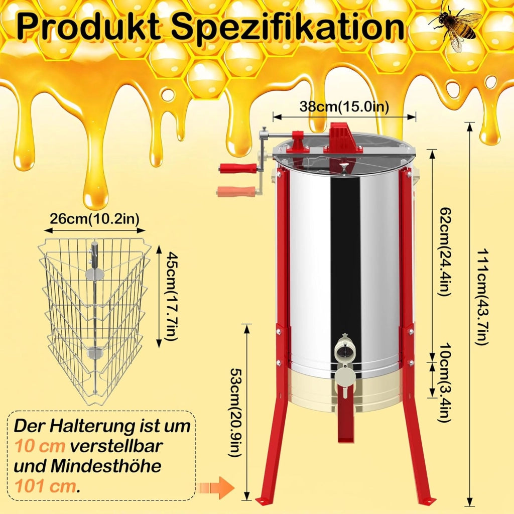 Fionda di miele manuale a 3 favi in acciaio inox centrifuga tangenziale estrattore di miele con coperchio, azionamento manuale e gambe regolabili centrifuga miele accessori universali per