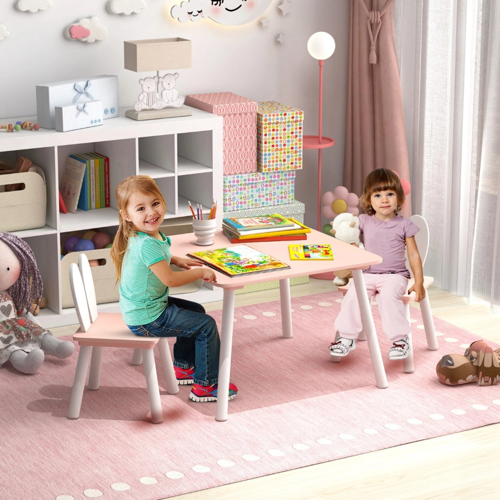 Set tavolo sedie per bambini 3 pezzi per arte, Tavolo e 2 sedie a coniglio gambe in legno massiccio Rosa-Tavoli e sedie