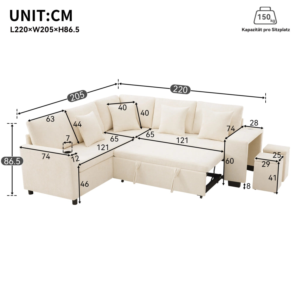 Divano angolare modulare 5 posti con letto e contenitore; in chenille beige; 220x205 cm