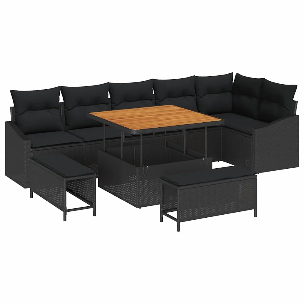 Set Divano da Giardino con cuscino 9 pcs Nero polyrattan