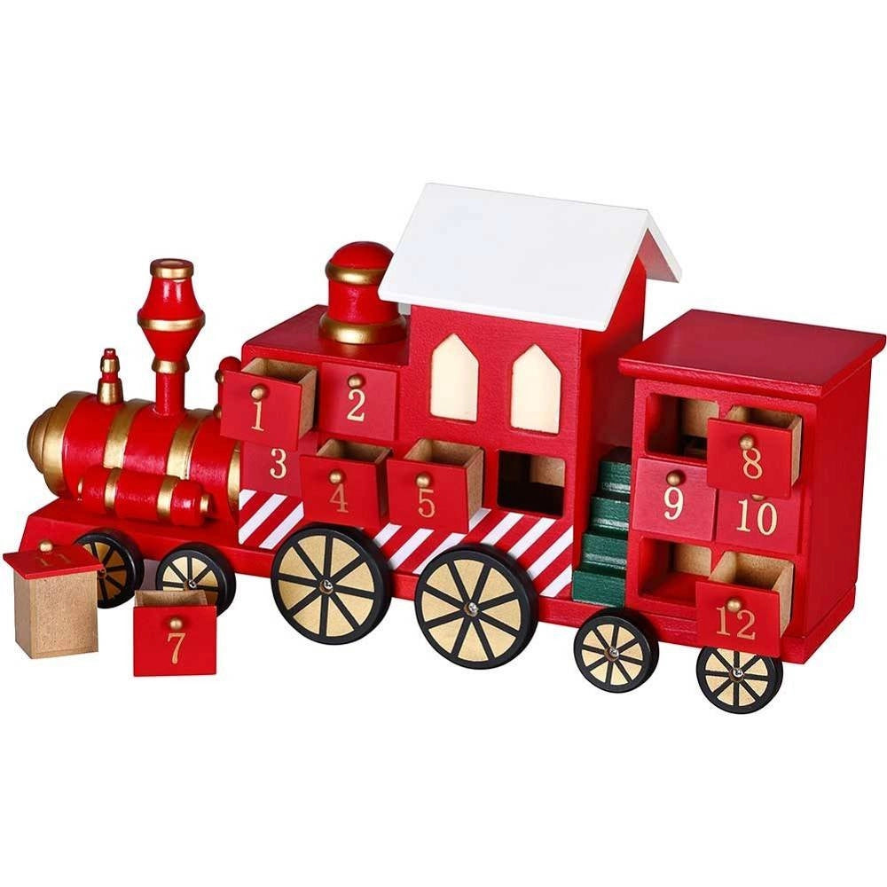 Trade Shop - Calendario Avvento Trenino Di Natale In Legno 24 Cassetti Decorazioni Natalizie -