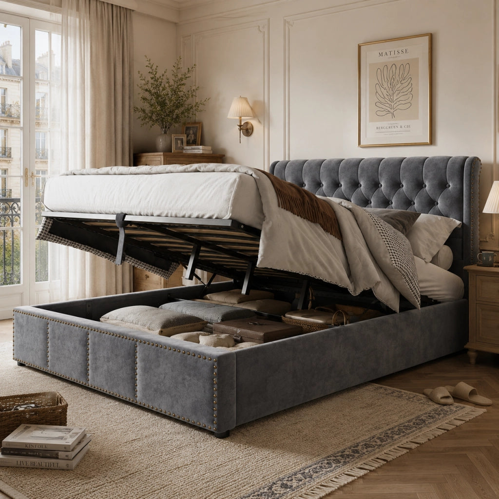 letto con contenitore in velluto grigio 140 x 190 cm