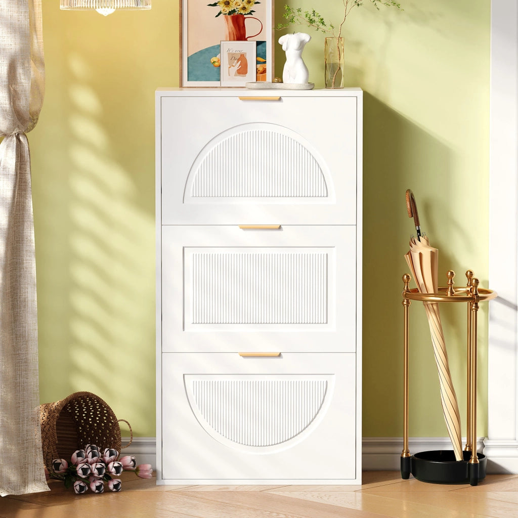 OKWISH Scarpiera con 3 Ribalte e Ripiani Regolabili, Design Moderno, per Ingresso, MDF, Bianco, 60×24×114 cm