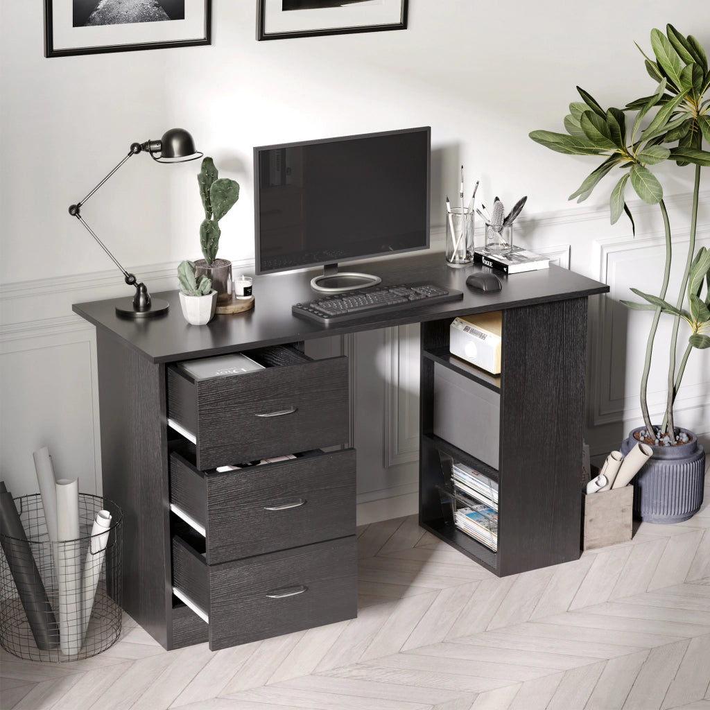 Scrivania PC con 3 Ripiani e 3 Cassetti per Camera e Ufficio. in Legno MDF. 120x49x72 cm. Nera