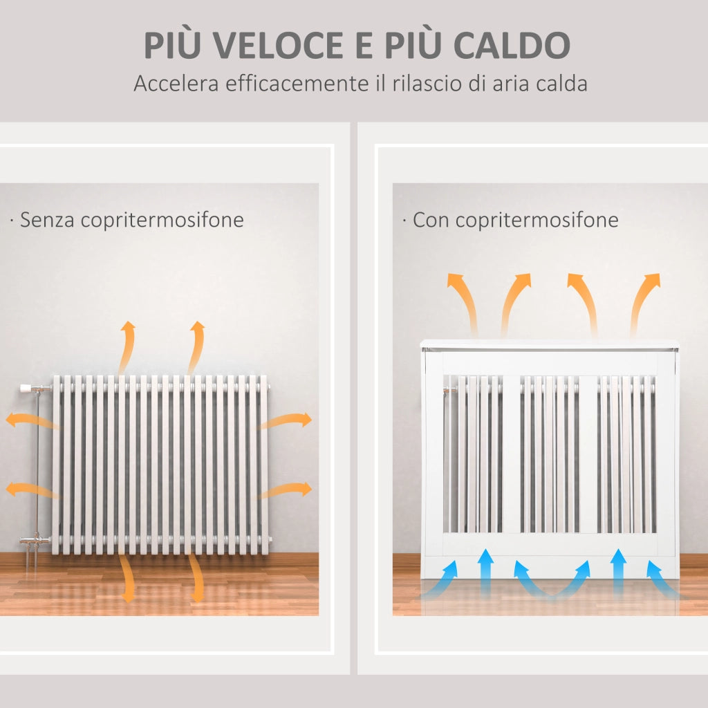 Copritermosifone a Doghe, Copri Termosifone Moderno con Antiribaltamento per Soggiorno, Corridoio, Ufficio, in MDF e Acciaio, 90x18x84cm, Bianco