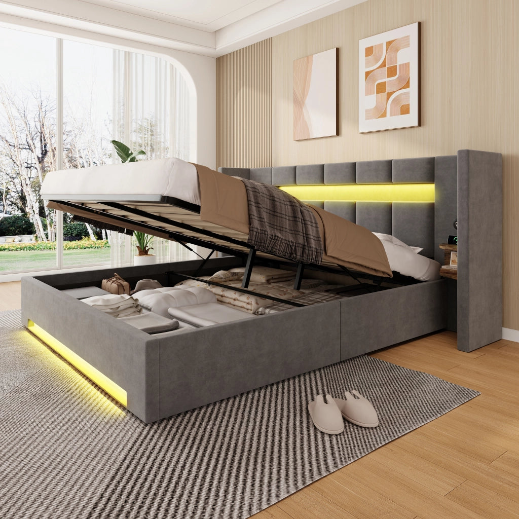 LETTO Contenitore 160x200 cm in velluto grigio scuro con USB e LED