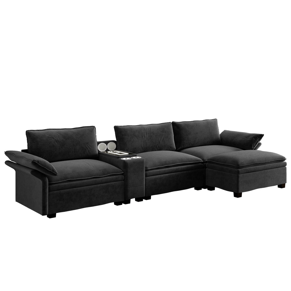 Divano Angolare Modulare con Contenitore, Portabicchieri e Luce ¨C Xylo ¨C Chenille Nero 315cm