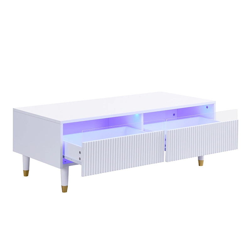 Mobile TV e Tavolino con LED ¨C MINIMAL ¨C Bianco con Design Oro, Ante in Acrilico, 4 Ante