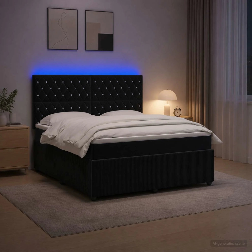 Letto Box Spring LED con Materasso Nero 140 x 190 cm Velluto 3456061