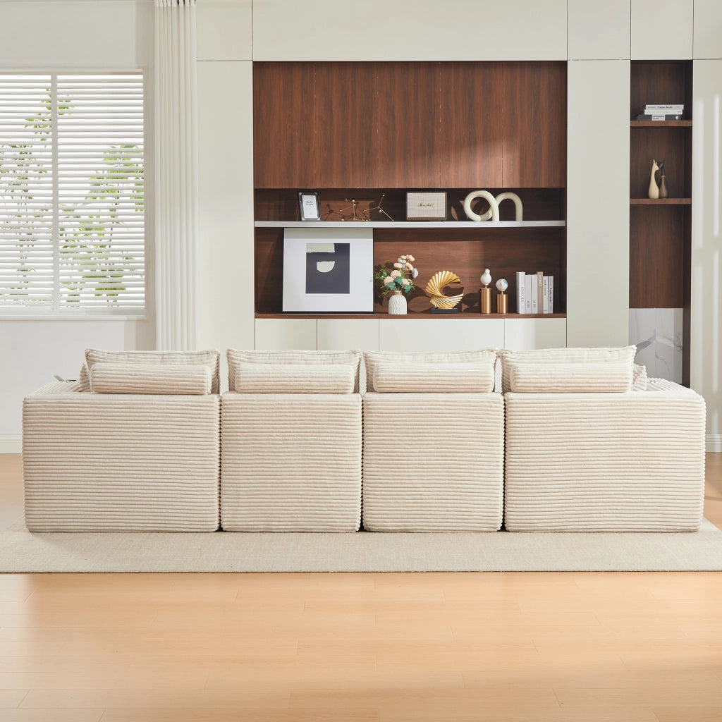Divano Modulare 4 Posti con Poggiapiedi, Cuscini e Portabicchieri ¨C MINIMAL ¨C Beige, Tessuto a Coste