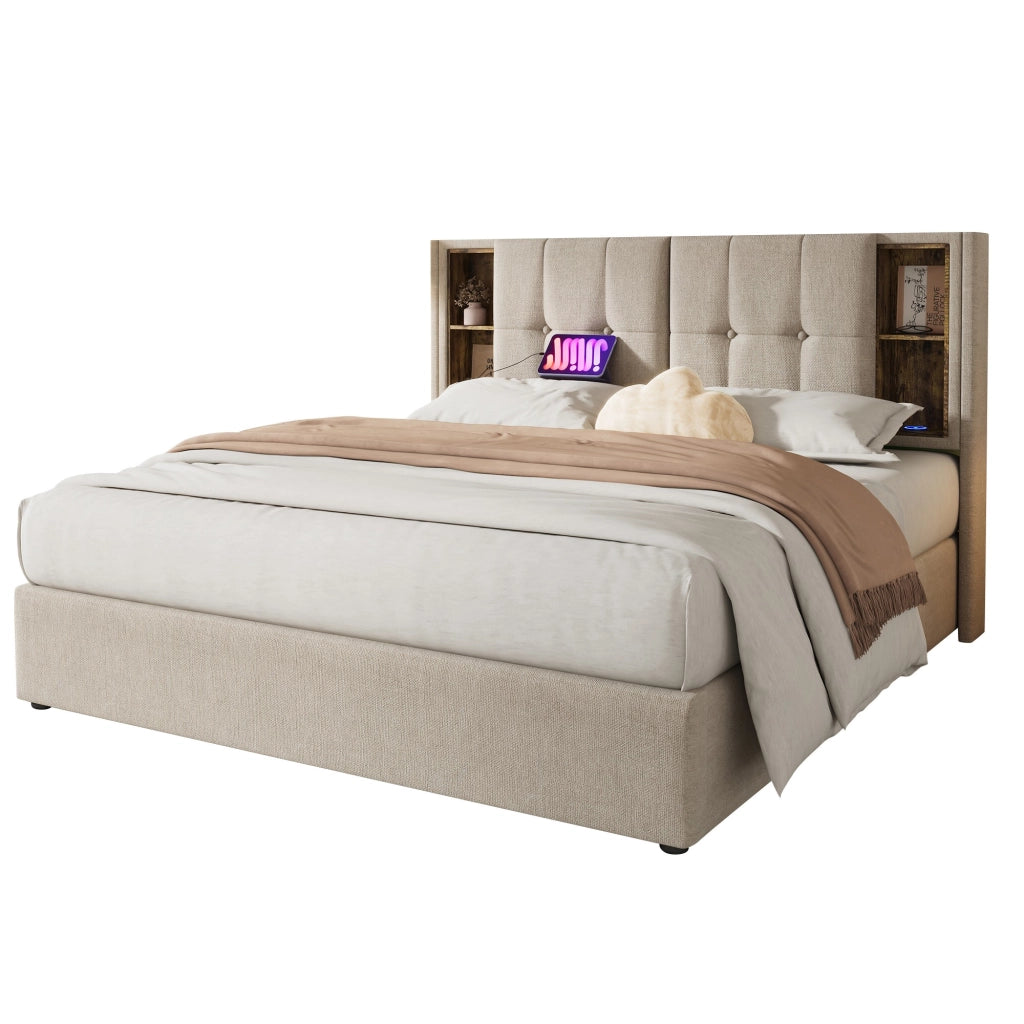 Letto Contenitore Matrimoniale 180x200 cm; USB e Type-C; Ricarica Wireless - Lino