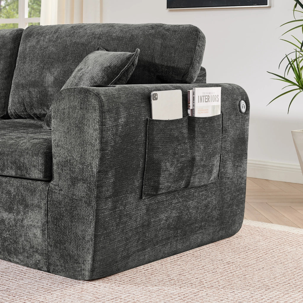 Divano a 2 posti compatto con tasche laterali portabevande e cuscini in chenille nero 220 × 100 × 89 cm