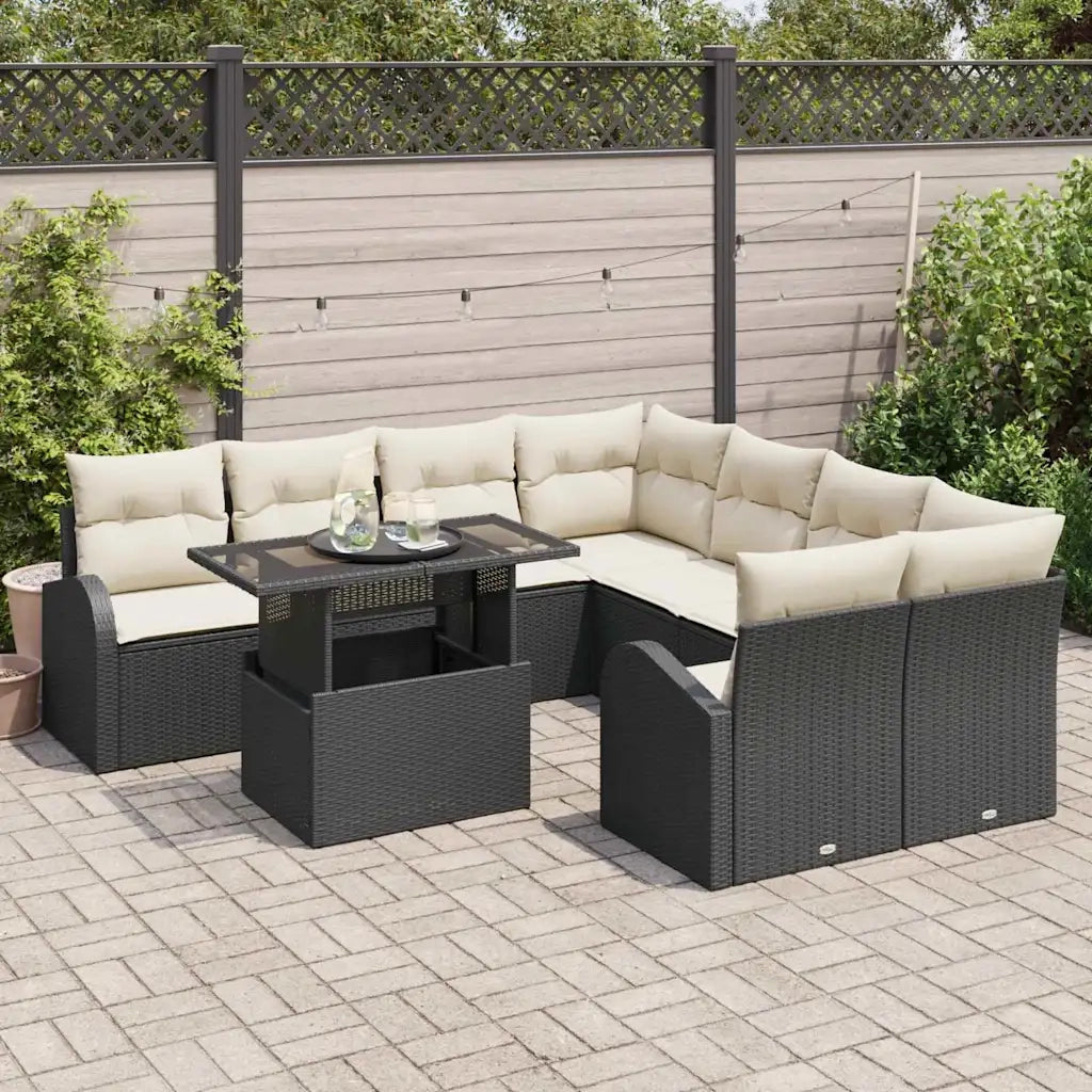 Set Divano da Giardino con archiviazione 9 pcs Nero polyrattan